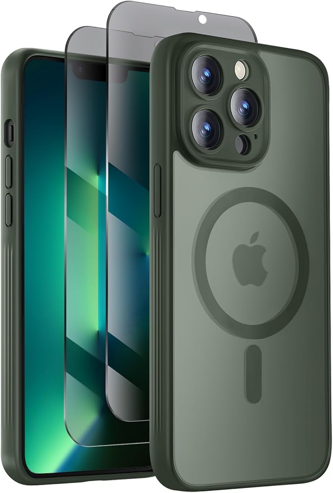 Symcele Designed for iPhone 13 Pro Case, Compatible with MagSafe, with Privacy Screen Protectors X2, [Camera Protection] [15FT Military Drop Protection] Shockproof Phone Case, 6.1", Alpine Green