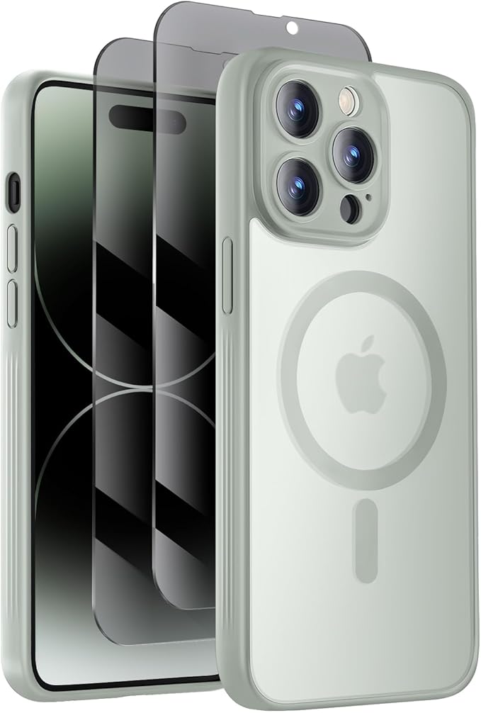 Symcele Designed for iPhone 14 Pro Max Case, Compatible with MagSafe, with Privacy Screen Protectors X2, [Camera Protection] [15FT Military Drop Protection] Shockproof Phone Case, 6.7", Calke Green