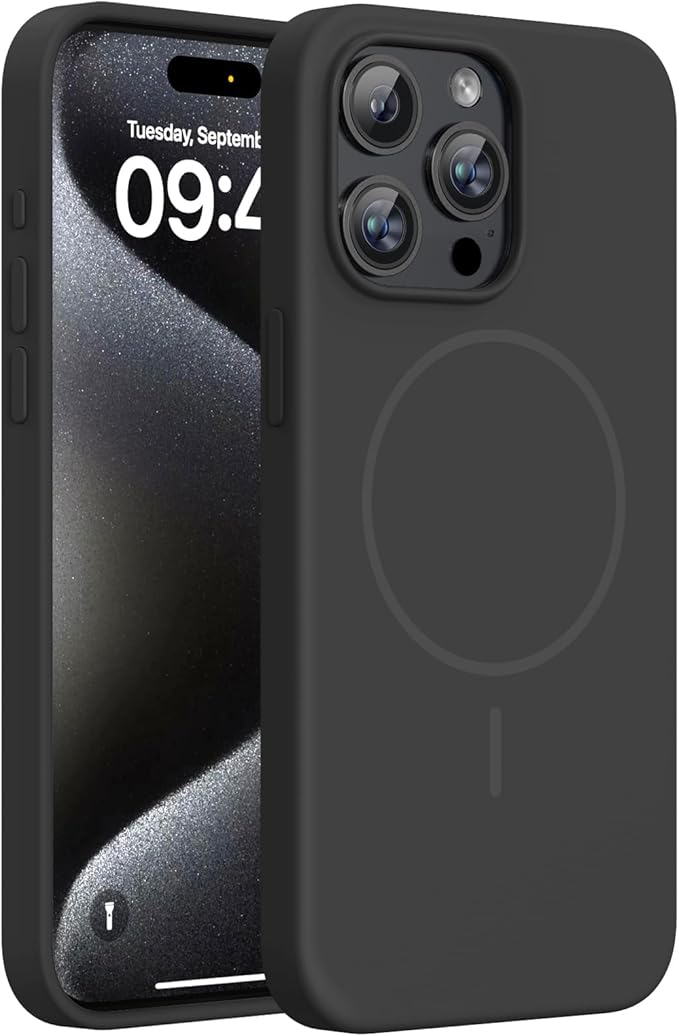 Miracase Magnetic for iPhone 15 Pro Max Case, [Soft Anti-Scratch Microfiber Lining], Compatible with MagSafe, Liquid Silicone Case Shockproof Drop Protection Phone Case for 15 ProMax, Black