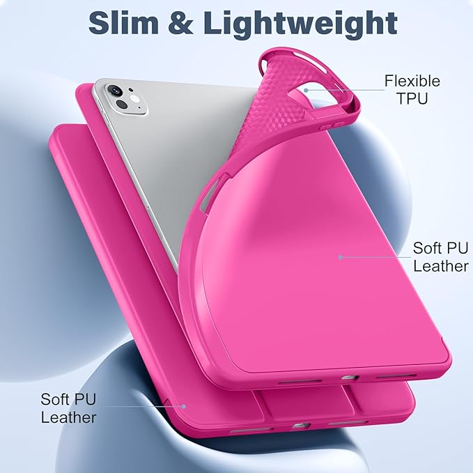 Akkerds for iPad Pro 11 Inch Case (M5/M4) 2025/2024 6th/5th Generation with Pencil Holder, for iPad Pro Case 11 Inch with Trifold Stand Protective Cover/Soft TPU Back, Auto Wake/Sleep, Rose