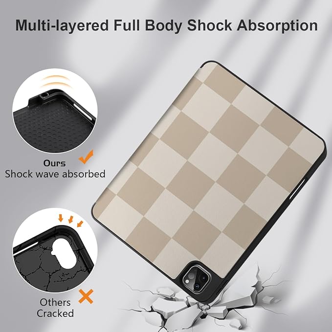 DONGKE Case for iPad Pro 12.9 inch 6th Generation 2022, Built-in Pencil Holder + Trifold Stand + Auto Wake/Sleep + Protective Cover for iPad Pro 12.9 5th/4th/3rd Gen- Beige Chessboard