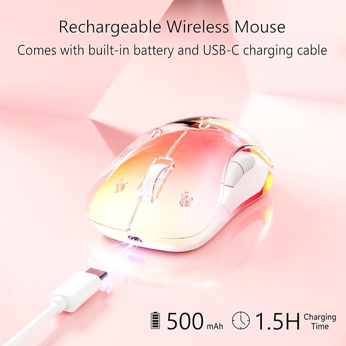 memzuoix 2.4G Wireless Mouse with Customizable Cover & 9-Color LED - Rechargeable Ergonomic, 1400 DPI, 5 Buttons, USB Receiver for PC/Mac - Pink