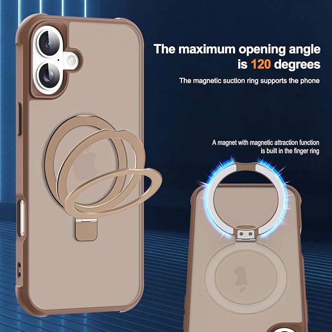 SKYLMW Compatible with iPhone 17 Case with Invisible Magnetic O-Ring Stand Military-Grade Translucent Phone Case for iPhone 17 6.3" [Compatible with Mag-Safe][Great Grip Feeling],Desert Brown