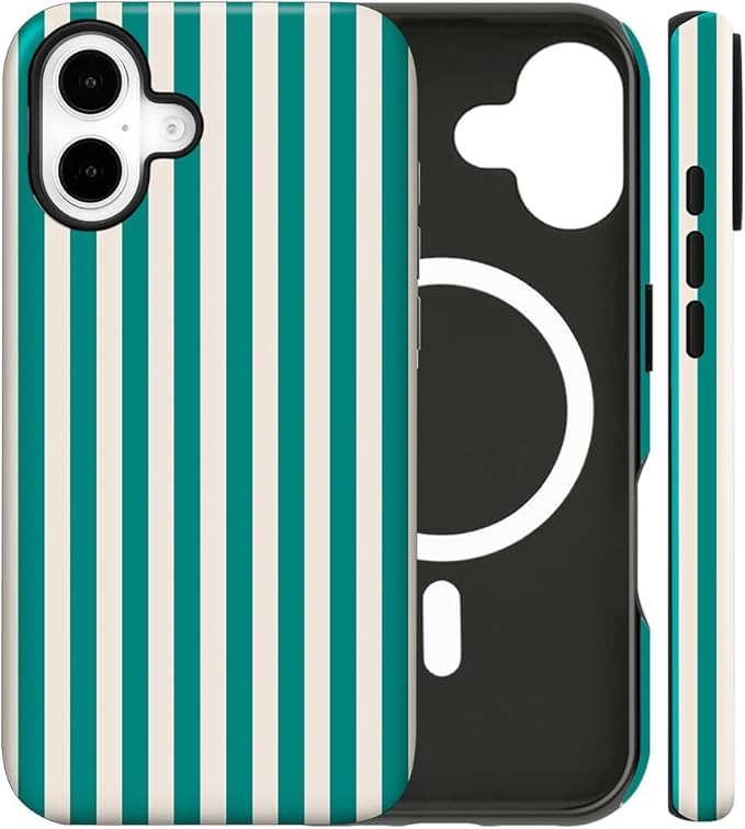 Magnetic for iPhone 17 Case Cute Stripes Phone Case, Shockproof Slim TPU and Hard PC Protective Phone Cover Compatible with MagSafe Designed for Women Girls, Emerald Green