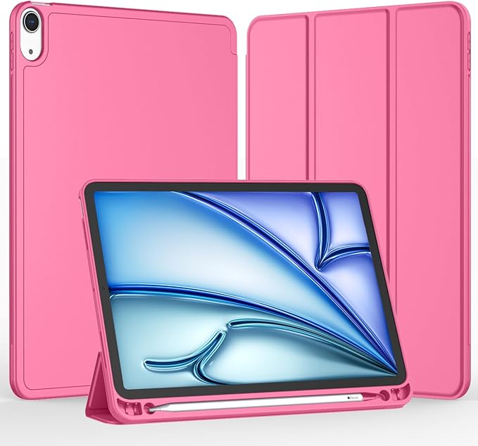 iMieet iPad Air 11 Inch Case M4/M3/M2(2026/2025/2024), iPad Air 5th/4th Generation Case 2022/2020 10.9 Inch with Pencil Holder,Trifold Stand Smart Case with Soft TPU Back(Peach Red)
