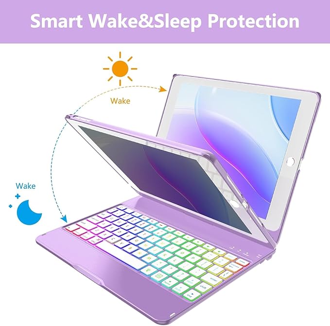 MMK iPad Keyboard Case for iPad 6th Gen 2018, iPad 5th Gen 2017, iPad Pro 9.7, iPad Air 2, iPad Air 1, Backlit 10 Color 360 Screen Rotation iPad Case with Keyboard, Auto Sleep/Wake (Purple)