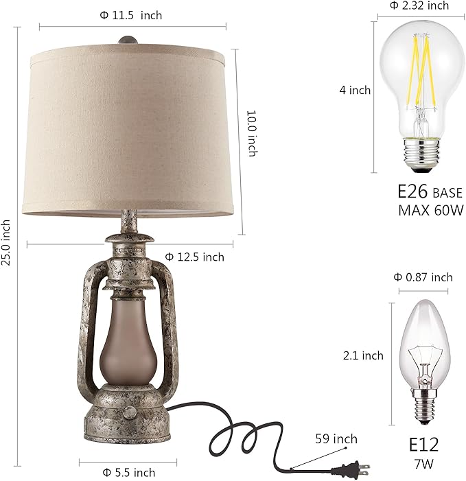 Farmhouse Rustic Table Lamps for Living Room Set of 2,Vintage Lantern Table Lamp with Dual USB Ports, 25" Tall Retro Bedside Lamp for Bedroom Nightstand, 4 Bulb Included (Iron Gray)