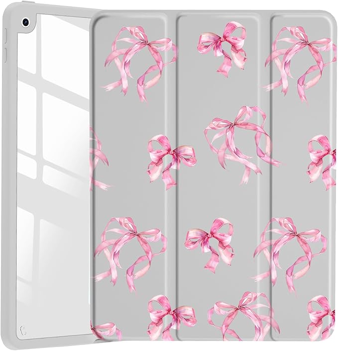 JOYLAND Elegant Pink Bow Pattern Case for iPad Pro 13-inch (M4) 2024, Clear Acrylic Hard Back Grey Case with Pencil Holder Trifold Stand Tablet Cover (Model Number:A2925/A2926/A3007)