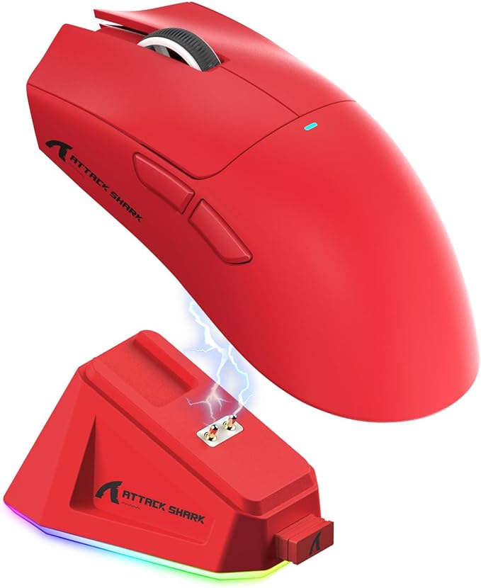 MAGIC-REFINER Attack Shark X11 59g Superlight Wireless Gaming Mouse with Magnetic RGB Charging Dock，BT/2.4G Wireless/Wired Mouse, 22000 DPI，5 Programmable Buttons for PC/Laptop/Mac（Red）