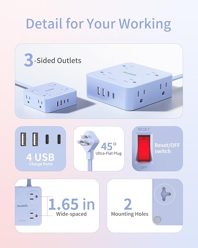 Extension Cord with Multiple Outlets, SMALLRT Surge Protector Outlet Extender, 6.5FT Flat Plug Power Strip with USB Ports, 8 Outlets, Power Strips with Surge Protection for Home Office Supplies, Blue