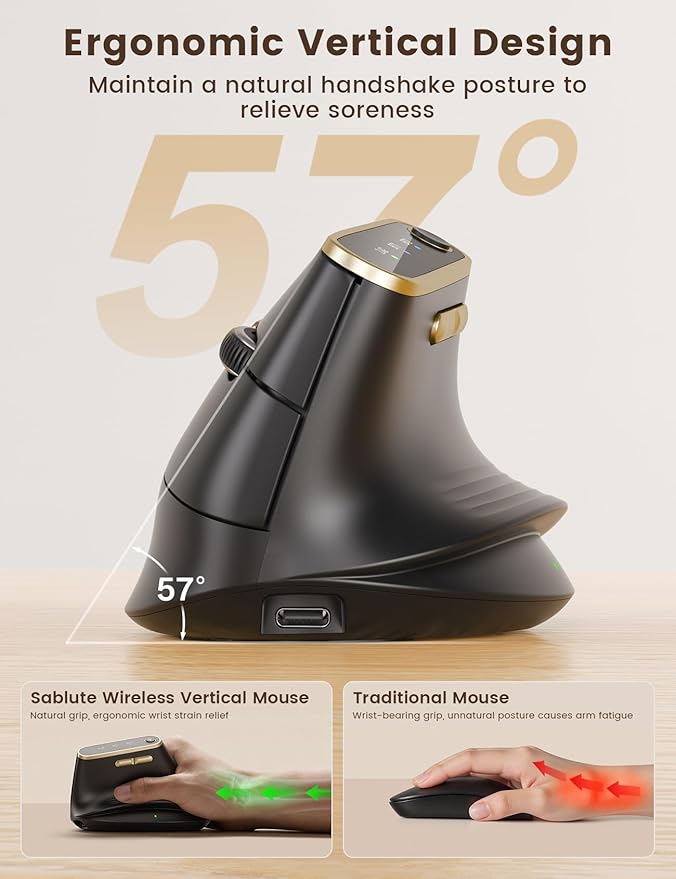 SABLUTE MAM4 Ergonomic Vertical Mouse for M/L Hands, 8K DPI, Ultra-Fast Scrolling, 6 Programmable Buttons, Tri-Mode Wireless Rechargeable Mouse, 800mAh Built-in Battery, for PC/Mac/Laptop, Black