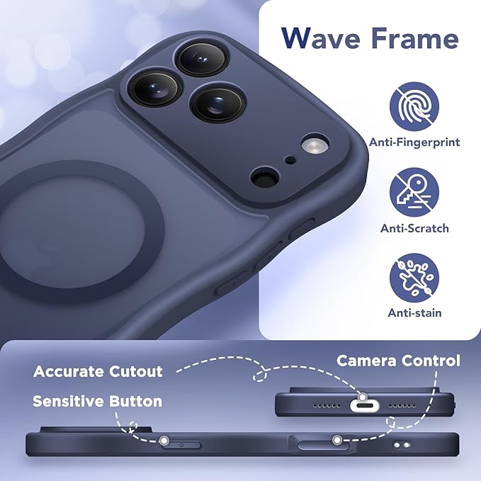 CAPRARO Magnetic for iPhone 17 Pro Max Case for Women Girls, Upgraded [Full Camera Protection] [Compatible with MagSafe] Cute Wave Translucent Matte Phone Case for iPhone 17 Pro Max, Dark Blue