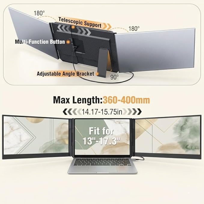 APILDELLA 15.6" Triple Laptop Screen Extender One Cable, 1080P FHD Portable Dual Monitor, Ultra-Slim Travel Monitor Extender for Triple Display on Mac/Windows, Fits 13"-17.3" Laptops