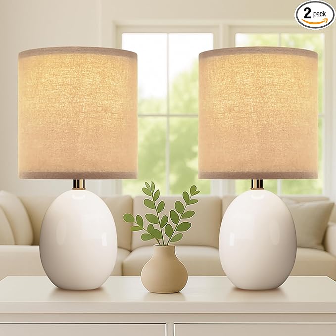 Dawnwake 18.5" Table Lamp Set of 2 for Living Room Bedroom, Bedside Lamps for Night Stands, Desk Nightstand Lamp Dimmable, Modern Linen Cream Ceramic Lamps (White-B)