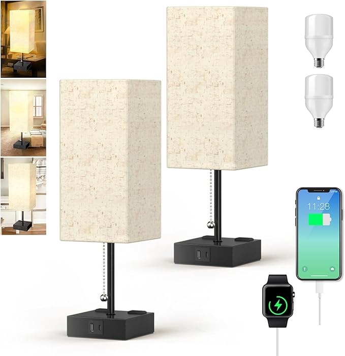 YIDPU Table Lamp for Bedroom with USB,Bedside Lamp with USB C+A Charging Ports,Adjustable 3color LED Light for Home Decor/Nightstand/Office,Included Bulb and Fabric Lamp Shade (Linen White, 2PCS)