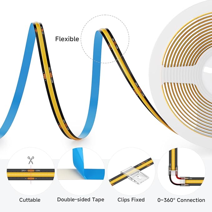 BTF-LIGHTING FCOB COB LED Strip 480LED/m Flexible High Density Uniform Light 9W/m 16.4FT DC24V Warm White 2700K CRI 90+ 8mm Width LED Ribbon for Indoor Decor(No Adapter or Controller)