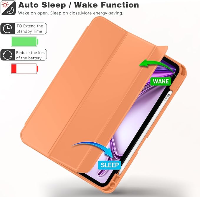 ZryXal New iPad Air 13 Inch Case M3 2025/M2 2024 with Pencil Holder, Trifold Stand Smart Case with Soft TPU Back,Auto Wake/Sleep(Orange)