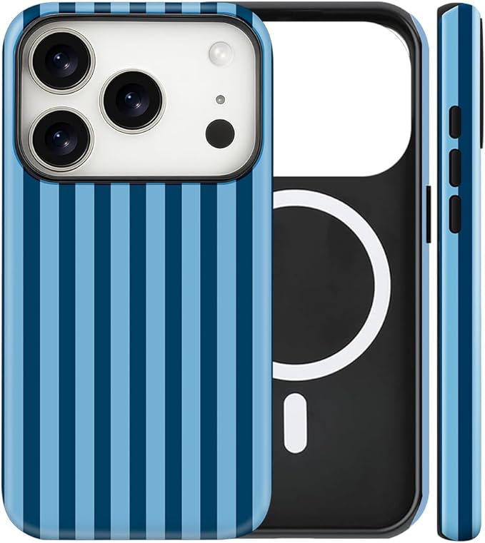 Magnetic for iPhone 17 Pro Max Case Cute Stripes Phone Case, Shockproof Slim TPU and Hard PC Protective Phone Cover Compatible with MagSafe Designed for Women Girls, Lake Blue