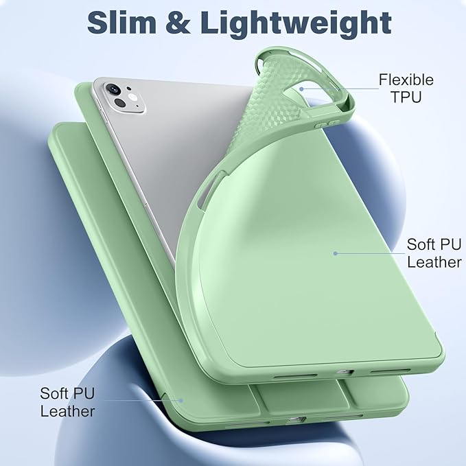 Akkerds for iPad Pro 11 Inch Case (M5/M4) 2025/2024 6th/5th Generation with Pencil Holder, for iPad Pro Case 11 Inch with Trifold Stand Protective Cover/Soft TPU Back, Auto Wake/Sleep, Matcha Green