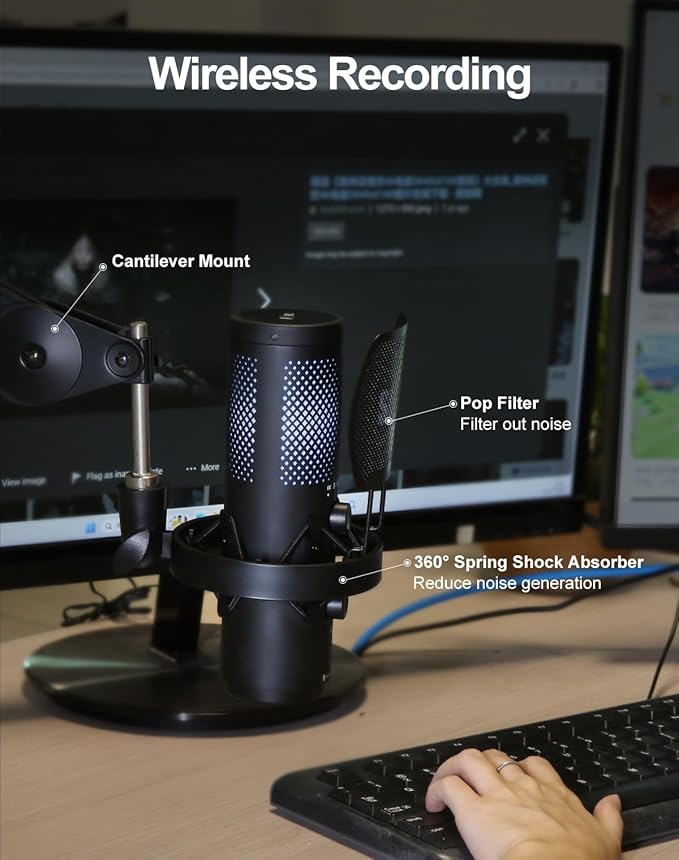 SGPRO Wireless USB Microphone for Streaming, Podcast, SG-CM25 Gaming Condenser Mic with RGB, Noise Cancellation, Tap to Mute, 24-bit/48kHz Recording, Includes Shock Mount & Pop Filter (PC/Mac/Mobile)