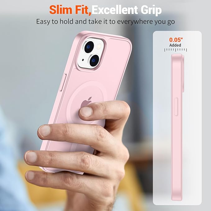 SUPFINE Magnetic for iPhone 14 Case & iPhone 13 Case (Compatible with MagSafe)(Military Grade Drop Protection) Translucent Matte Shockproof Phone Cover,Light Pink