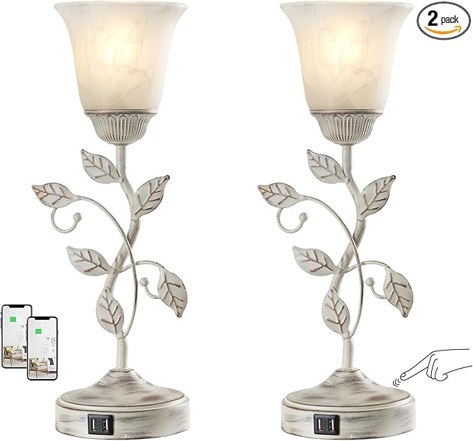 Set of 2 Rustic Touch Table Lamps for Bedroom, 3-Way Dimmable Nightstand Flower Lamp with 2 USB Ports, Retro White Glass Shade Leaf Lamp for Living Room Entryway, 2 LED Bulb Included
