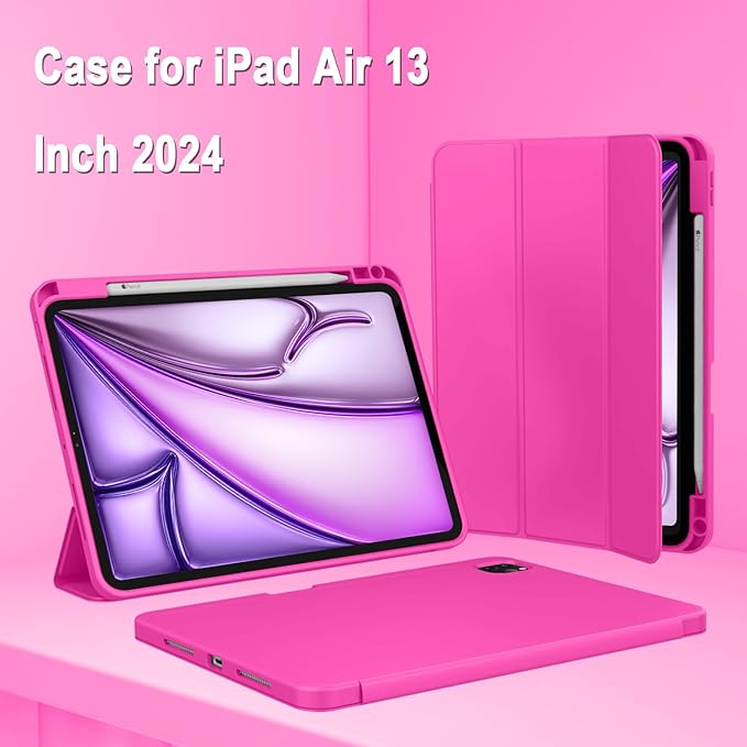 ZryXal New iPad Air 13 Inch Case M3 2025/M2 2024 with Pencil Holder, Trifold Stand Smart Case with Soft TPU Back,Auto Wake/Sleep(Rose Red)