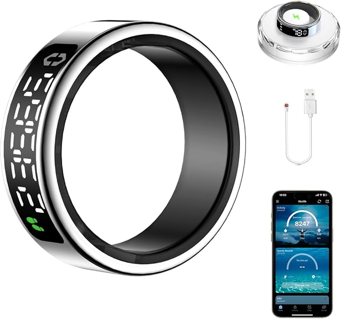 Smart Health Ring with Screen,for Women Men Fitness Tracker Heart Rate, Blood Oxygen, HRV, Sleep Monitoring, Step Counting, IP68 for iPhone and Android, No Subscription Fee (Silver, 9#)