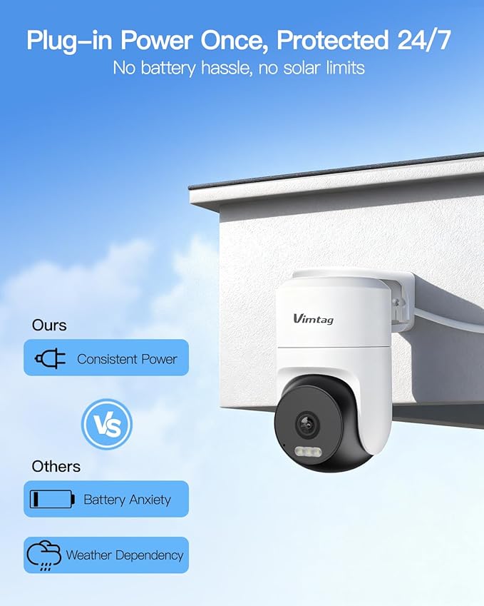 VIMTAG Pan/Tilt Outdoor Security Camera, 2.5K 4MP WiFi Home CCTV Camera, 360° View & Motion Tracking, Color Night Vision, 2-Way Audio, AI Detection Alarm, IP66, Cloud & SD Card Storage, Works w/Alexa