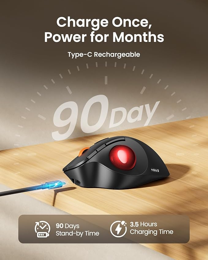 ProtoArc Wireless Bluetooth Trackball Mouse, EM02 Two Adjustable Angle Ergonomic Rechargeable Computer Ball Mouse, 3 Device Connection, Thumb Control and Smooth Tracking for Laptop, PC, Mac-Red