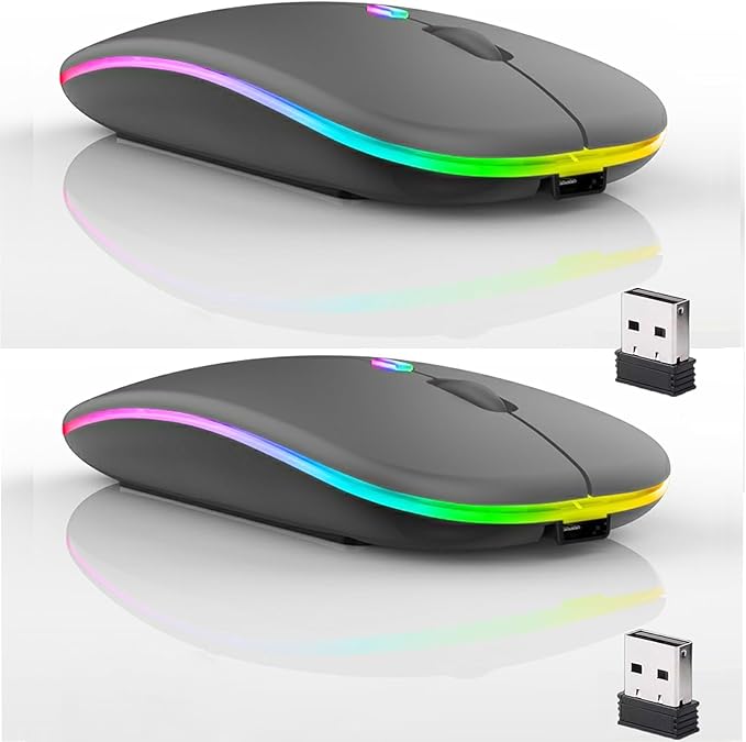 Guiheng 2 Pack Wireless Bluetooth Mouse,LED Dual Mode Rechargeable Silent Slim Laptop Mouse,Portable(BT5.2+USB Receiver) Dual Mode Computer Mice,for Laptop,Desktop Computer,Tablet,Phone,TV (Grey)
