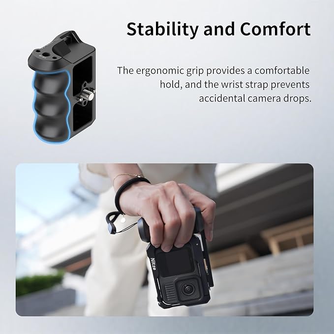 Nitze Street Snap Grip Kit for GoPro Hero 13/12/11/10/9 Black, Metal Xplorer Grip Kit with Cage, Ergonomic Street Handle, Wrist Strap and Cold Shoe Shutter Button - T-GP03B