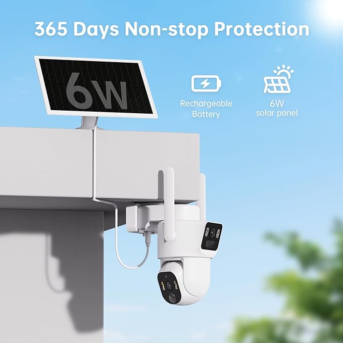 SEHMUA Dual Lens Solar Security Cameras Wireless Outdoor, 2K+2K Dual Views Outdoor Camera Wireless, Color Night Vision, PIR Motion Alerts, 2.4GHz WiFi, IP65, Optional Storage