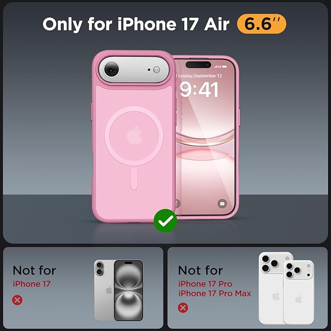Miracase Magnetic for iPhone Air Case with Screen Protector(Compatible with MagSafe), Slim Thin Translucent Matte Military-Grade Protected Phone Cover for iPhone 17 Air 6.5", Light Pink