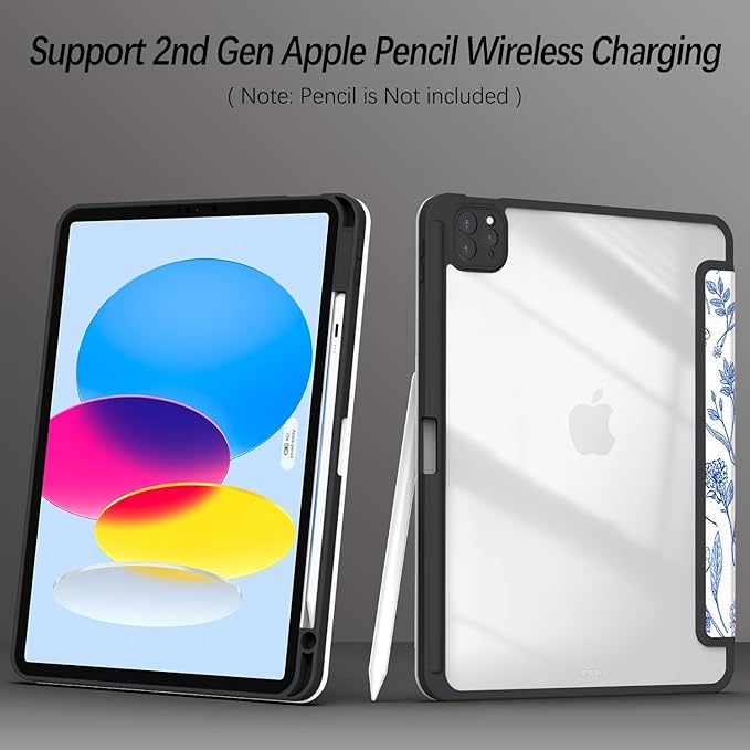Case for iPad Pro 11 inch 4th/ 3rd/ 2nd / 1st Generation (2022/2021/2020/2018), Case with Pencil Holder, Stand Clear Back Cover Cute Cool Design for Women Girls, Auto Sleep/Wake, Blue Flower