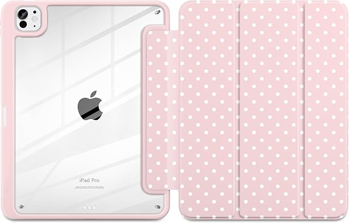 Case for iPad Pro 13 Inch (M5 2025 M4 2024) – [Built-in Pencil Holder], Shockproof & Stylish, Clear Hard Back + Soft TPU Edge, Magnetic Trifold Stand, Auto Wake/Sleep, Pink White dot