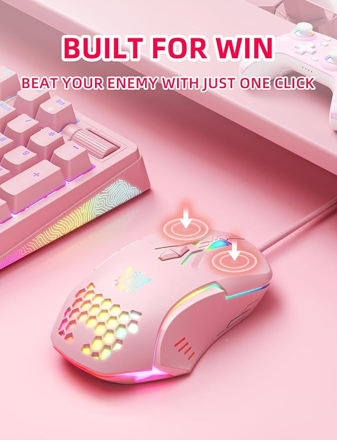 Wired PC Gaming Mouse: High Precision Sensor,RGB Backlit, Adjustable DPI, 7 Buttons Programmable,Ergonomic mice for Office & Gaming on Windows/Mac/Linux/Chrome- Pink