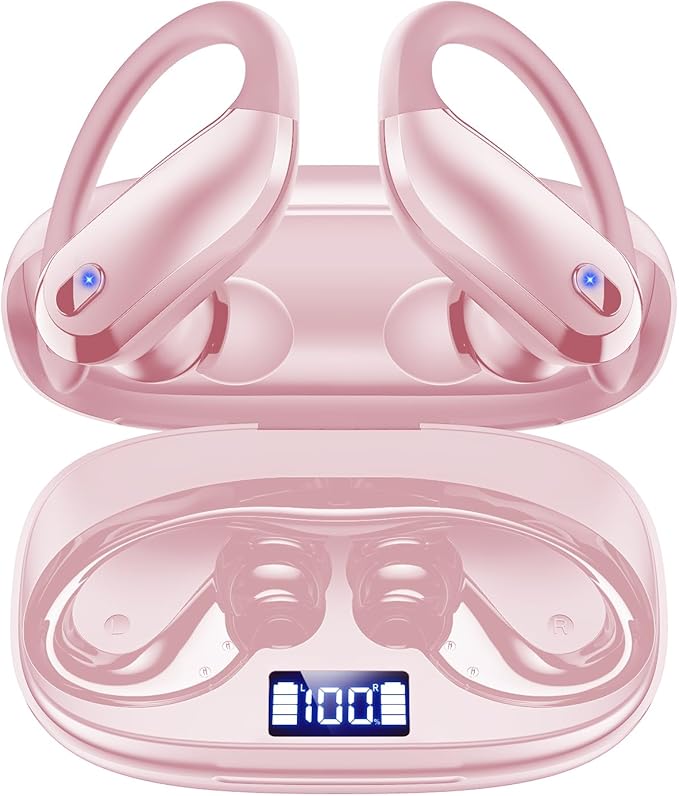 KTGEE Bluetooth Earbuds with Ear Hooks, Wireless Sport Headphones with LED Display Charging Case, HiFi Stereo, Noise Cancelling, IPX7 Waterproof, in-Ear Workout Earphones with Mic-Coral