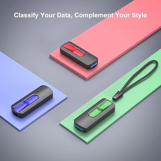 RAOYI 3 Pack 64GB USB 3.1 Flash Drive, High Speed Renewed Colorful Thumb Drive Slide Retractable USB Stick Portable Memory Stick with Lanyard Hole (Green, Red, Blue)