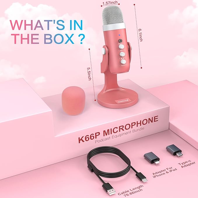 ZealSound USB Microphone,Condenser Computer Mic,Plug&Play Gaming Microphones for PS 4&5.Headphone Output&Volume Control,Mic Gain Control,Mute Button,YouTube Podcast on Mac&Windows Pearlescent Pink