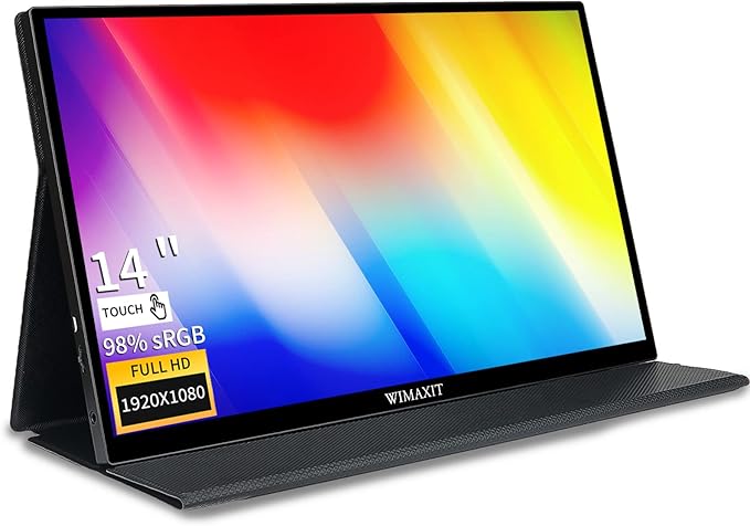 WIMAXIT 14" Portable Touch Monitor 1920x1080p Full HD Vesa Mount 98% sRGB Compatible with Laptop/PC/Game Console via HDMI/USB-C/3.5mm Audio Includes Cover Stand