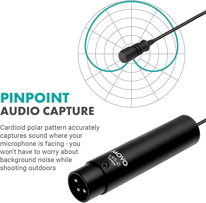 Movo LV8-C Broadcast-Quality XLR Lavalier Cardioid Condenser Wired Microphone with 12mm Mic Capsule for Accurate Voice Recording - Kit Includes Lapel Clip, Case and Windscreen