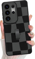 KANGHAR Compatible with Samsung Galaxy S26 Ultra Case, Support for MagSafe, Silicone Checkered Cute Pattern, Wristband Kickstand Camera Protection Soft Slim Cover for Girls Women -Black