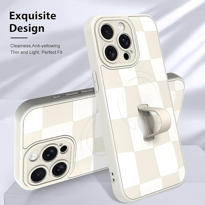 KANGHAR Compatible with iPhone 15 Pro Max Case, Support for MagSafe, Silicone Checkered Cute Pattern, Wristband Kickstand Camera Protection Soft Slim Cover for Girls Women -White