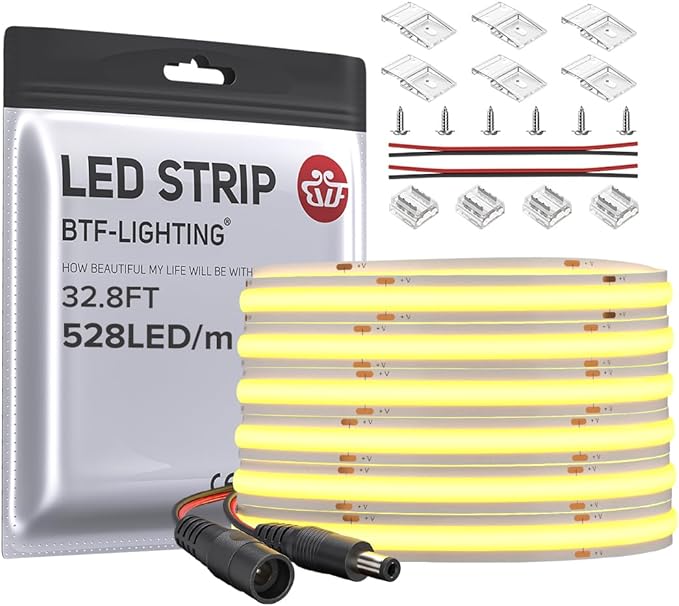 BTF-LIGHTING FCOB COB LED Strip 528LED/m Flexible High Density Uniform Light 14W/m 32.8FT DC24V Warm White 2700K CRI 90+ 10mm Width for Home Indoor Decor(No Adapter or Controller)