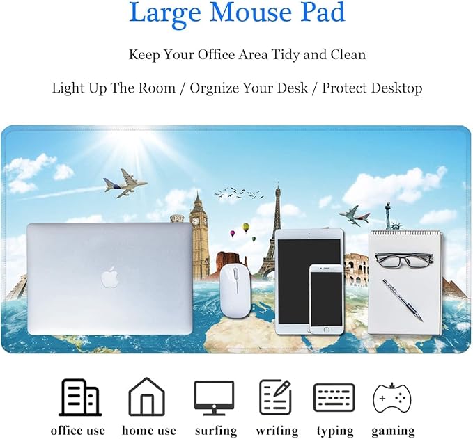 31.5x11.8 Inch Non-Slip Long Extended Large Gaming Mouse Pad with Stitched Edges XL Laptops Keyboard Mouse Mat(Travel World)