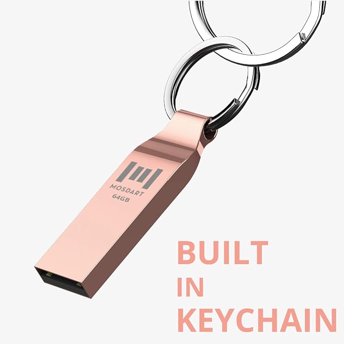 MOSDART Waterproof 64GB USB2.0 Flash Drive, exFAT Metal Memory Stick with Keychain, for System Back, Data Storage, Rose Gold