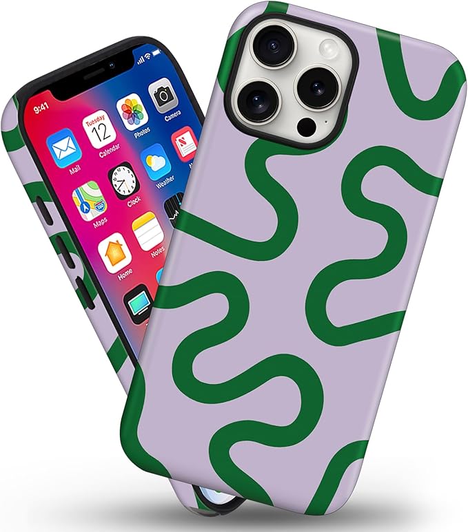Magnetic for iPhone 16 Pro Max Case Cute Curved Stripes Phone Case, Shockproof Slim TPU and Hard PC Protective Phone Cover Compatible with MagSafe Designed for Women Girls,Green