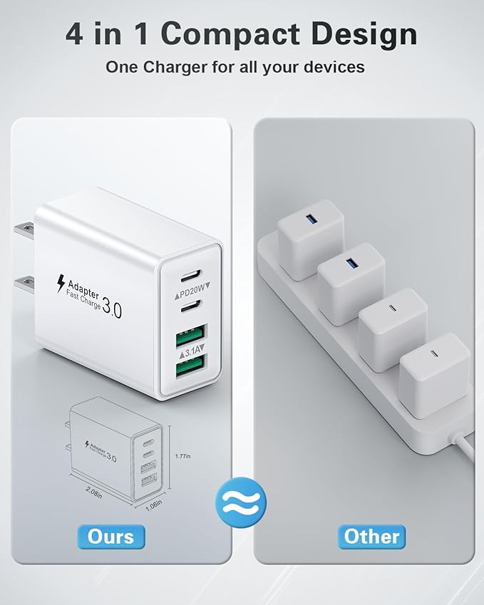 2-Pack iPhone 16 15 Fast Charger Block with 6FT USB C Cable, 40W 4-Port USB C Charging Block for iPhone 16 15 Pro Max Plus Series/iPad Pro, Samsung, Multi Wall Plug Power Adapter Charger Box Brick