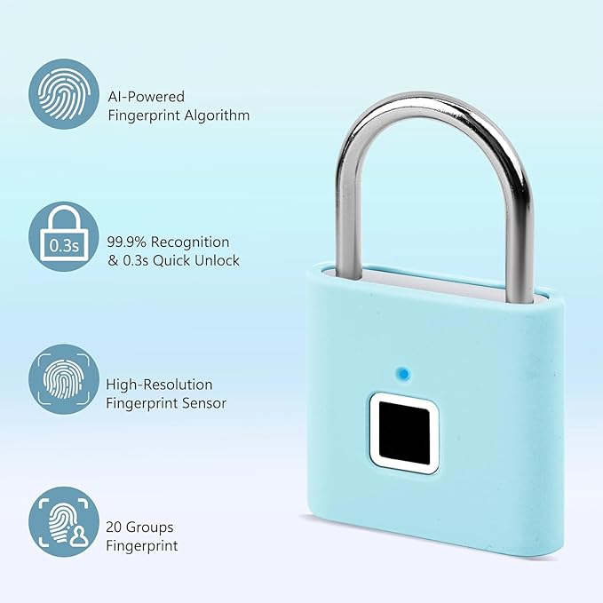 UMIKSMART Fingerprint Padlock with Silicone Protective Cover & Charm, Smart Keyless Padlock for School Locker, Gym Locker, Backpack and Travel Bag, Gift for Kids, Teens and Friends, Cosmic Blue Set
